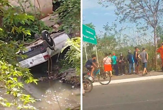 Carro despenca de ponte e mobiliza resgate no Rio Cuiabá