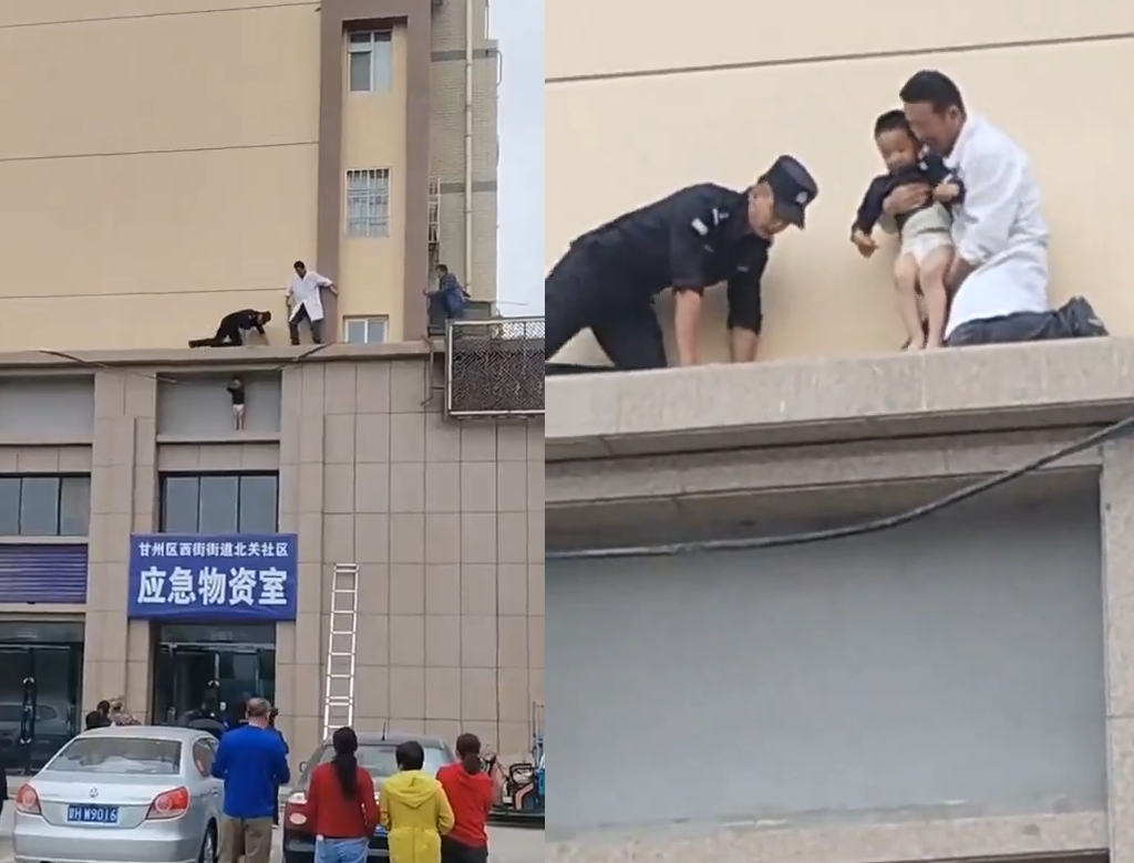 Menino de 3 anos é resgatado após ficar preso em parapeito e agarrado a fio em destaque